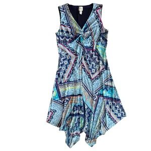 Chico's Women's L 2 Multicolor Geometric Mixed Media Handkerchief Hem Maxi Dress